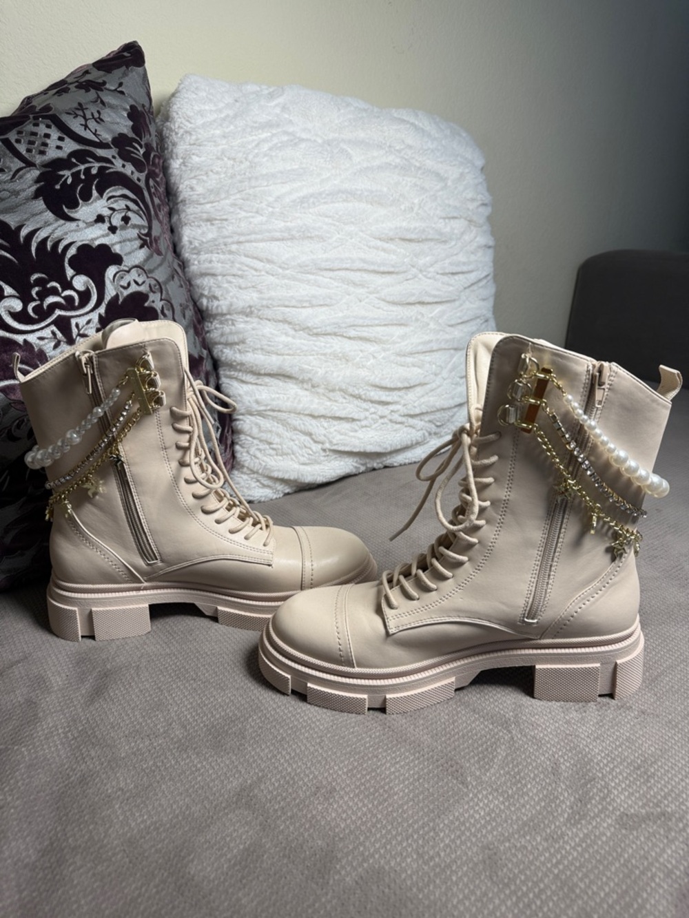Beige Lace-Up Platform Combat Boots with Pearl & Gold Chain Detail - Picture 7 of 11